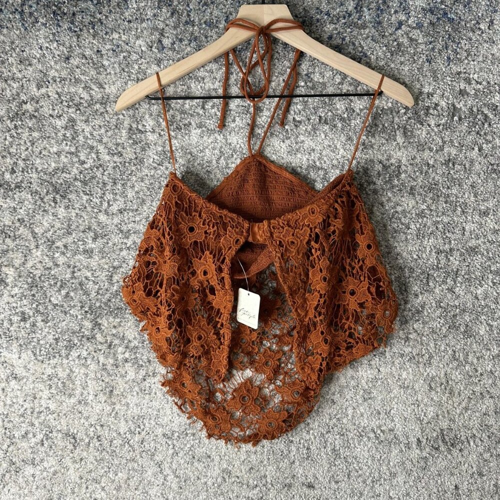 Free People Top Womens Small Rust Brown Crochet Lace Halter Crop Festival Boho - Picture 4 of 8